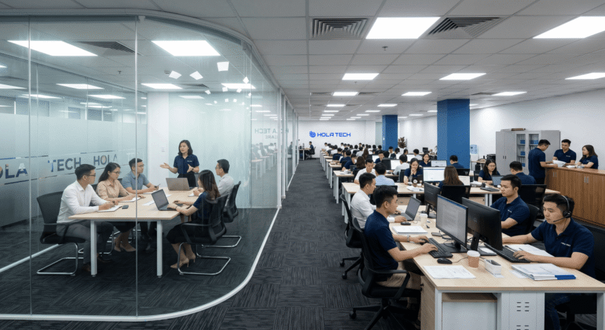 The glass meeting room and workspace at Hola Tech